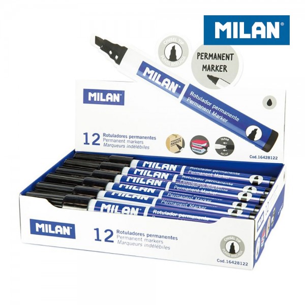 Rotuladores Permanentes Punta Biselada Negra MILAN Caja 12 Uds | Escritura Precisa y Duradera | Merkamas