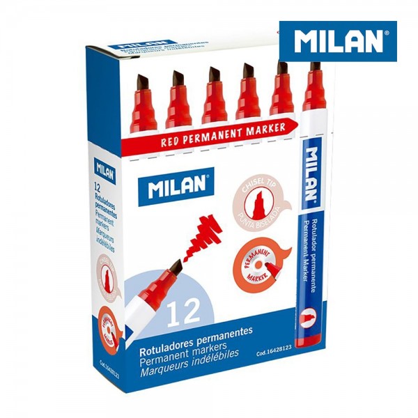 Rotuladores Permanentes Punta Biselada Rojo MILAN Caja 12 Uds Durabilidad Profesional | Merkamas