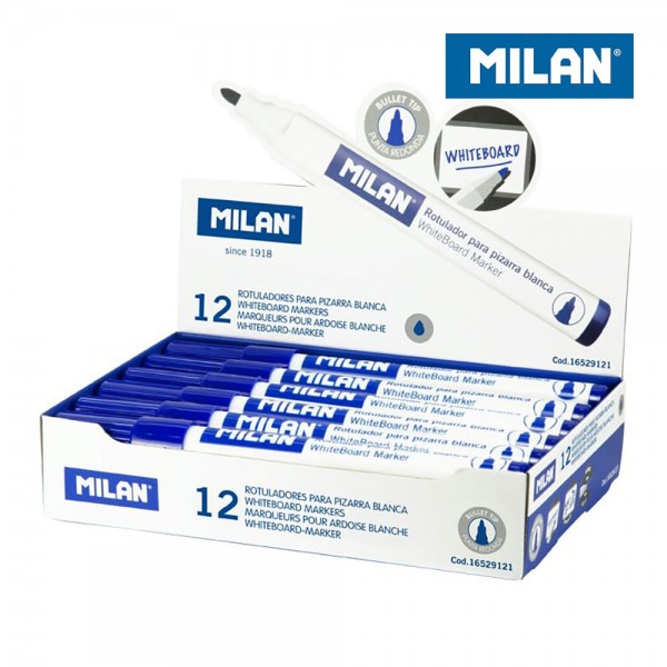 Rotuladores Pizarra Blanca Punta Redonda ø4.7mm Azul MILAN Caja 12 Unidades Borrables en Seco | Merkamas
