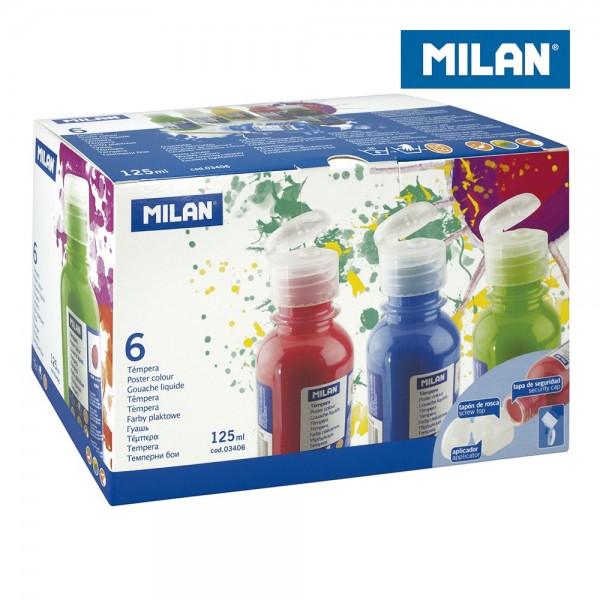 Témpera Escolar MILAN Caja 6x125ml Colores Surtidos con Pincel | Secado Rápido y Alta Pigmentación para Artistas Jóvenes | Merkamas