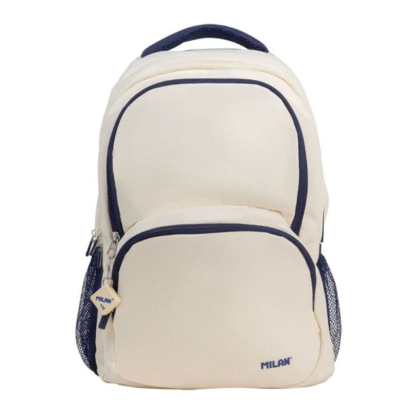Mochila Escolar MILAN 4 Cremalleras 25L Beige/Azul Marino con Compartimento Portátil | Colección 430 Since 1918 | Merkamas