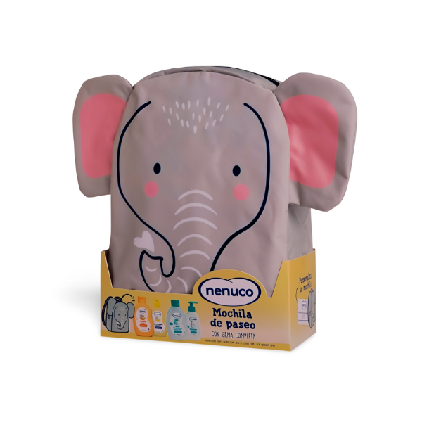 Mochila Paseo Nenuco Elefante Set 4 Piezas | Pack Cuidado Bebé Completo | Colonia, Champú, Jabón, Leche Hidratante | Merkamas