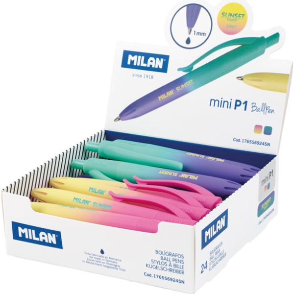 Pack 24 Bolígrafos MILAN P1 Touch Mini Sunset Colores Surtidos Tinta Azul - Escritura Fiable y Estilo Vibrante | Merkamas