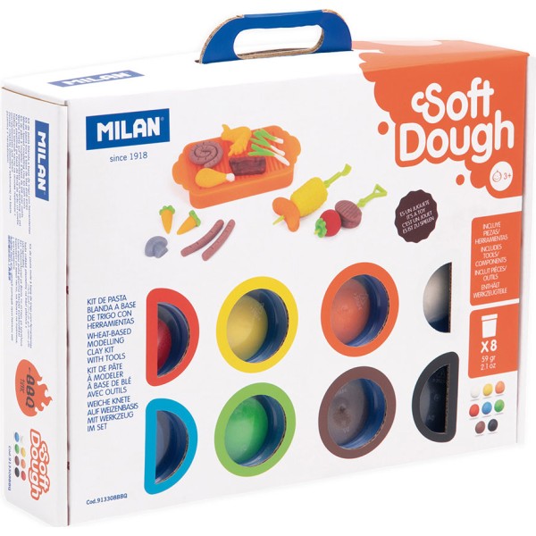 Maletín Pasta Blanda MILAN Soft Dough Barbacoa 8 Botes 59g | Kit Creativo Infantil con Herramientas de Modelado | Merkamas