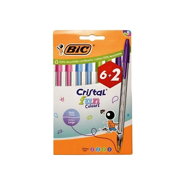 Pack 8 Bolígrafos Bic Cristal Fun Colours Escritura Fluida y Colorida para Oficina y Estudiantes | Merkamas